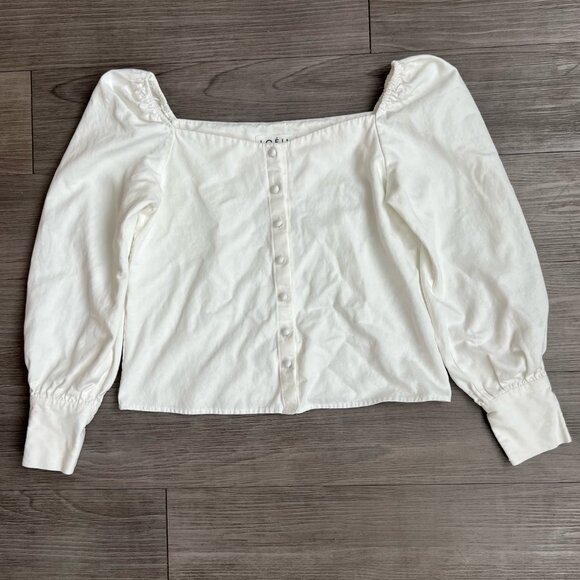 Loeil Square Neck Puff Sleeve Cottagecore Romantic White Cotton Blouse Size S - Picture 2 of 6